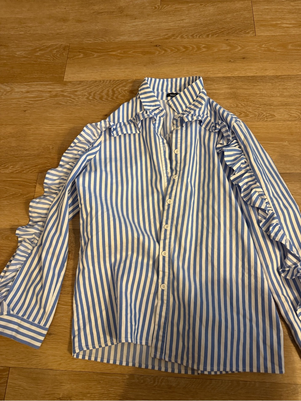 Boohoo Blue and White Striped Ruffle Button-Down Shirt - Picture 3 of 4